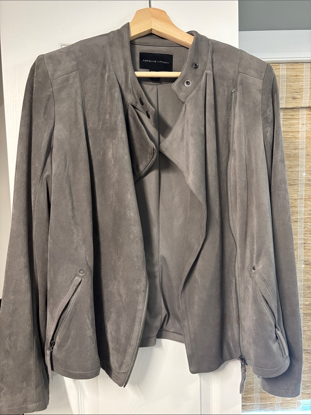 Adrienne Vittadini Gray Suede Open-Front Draped Jacket